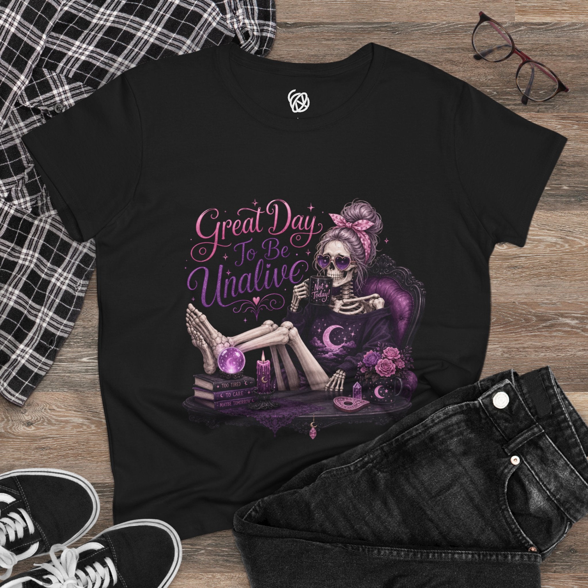 Vintage Gothic Tee — "Great Day To Be Unalive" Skeleton Lounge Shirt