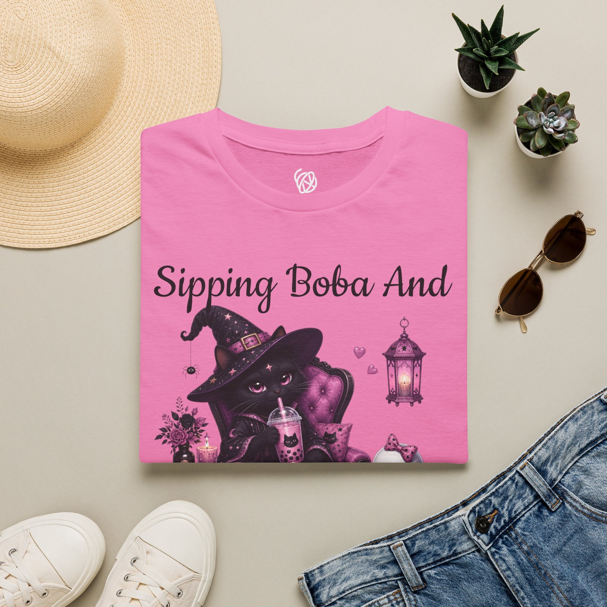 Witch Cat Graphic T-Shirt — Cute Halloween Cat with Lantern & Pumpkin