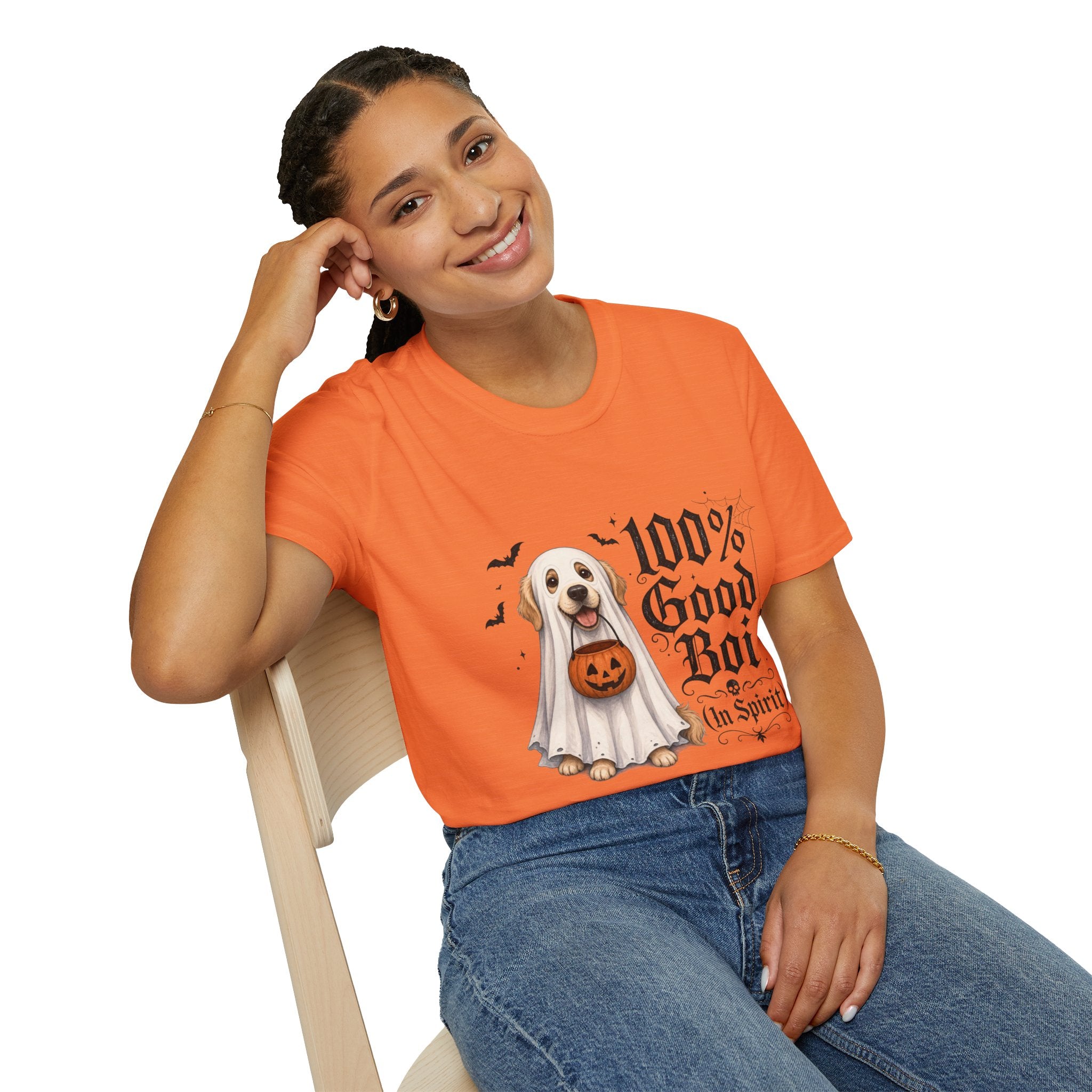 Halloween Dog T-Shirt - "100% Good Boi" Ghost Puppy with Pumpkin