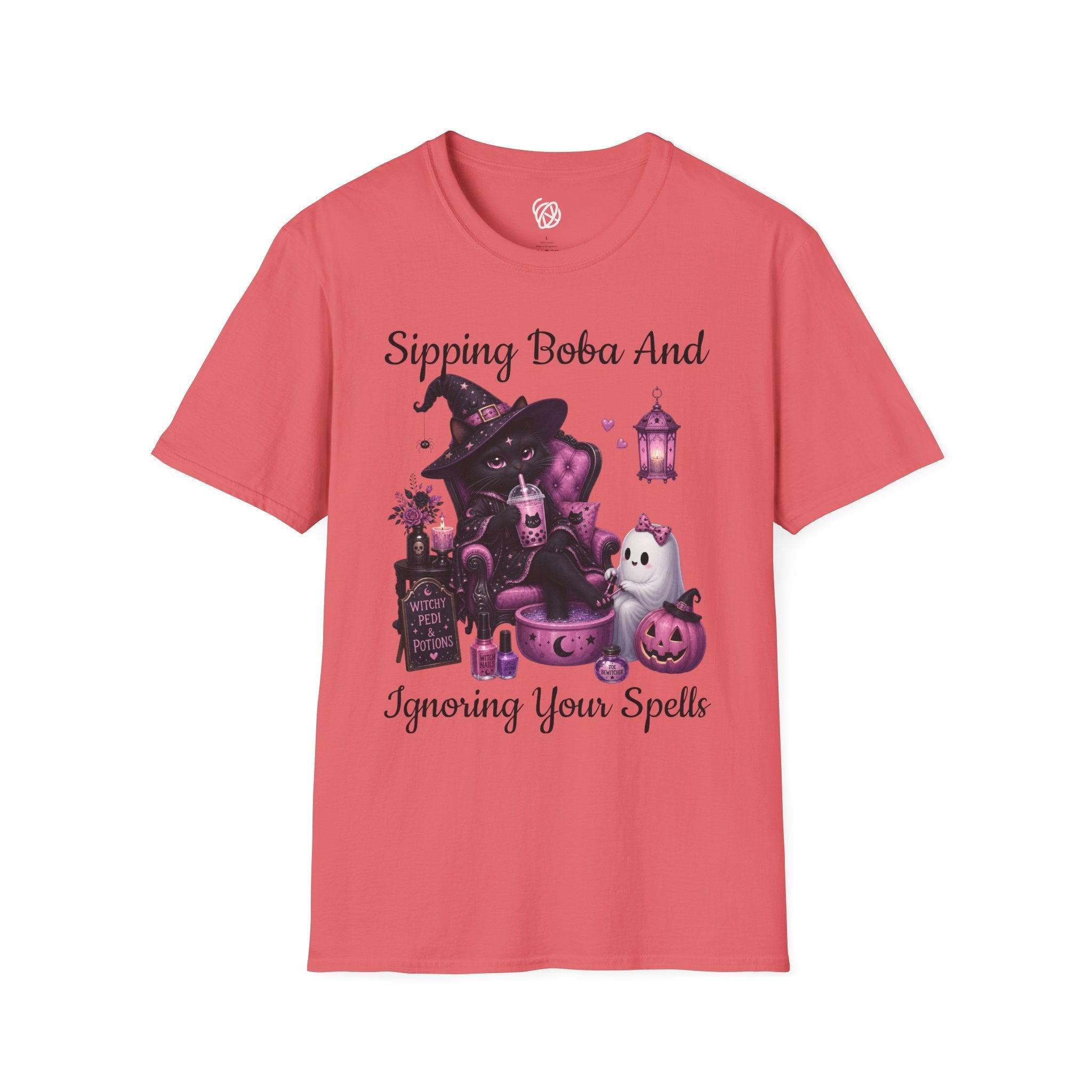 Witch Cat Graphic T-Shirt — Cute Halloween Cat with Lantern & Pumpkin