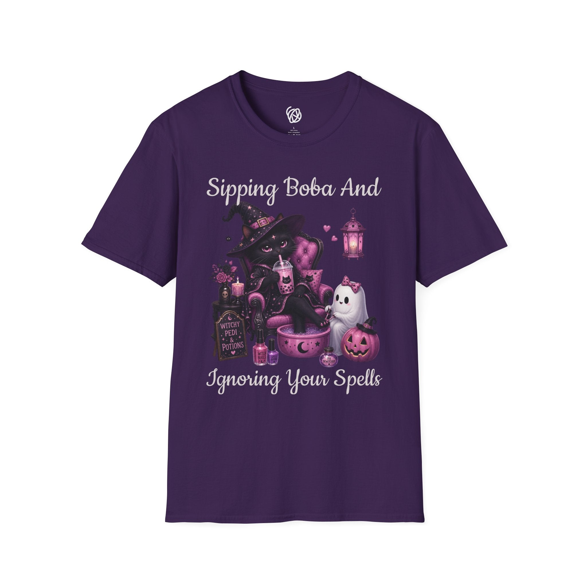 Witch Cat Graphic T-Shirt — Cute Halloween Cat with Lantern & Pumpkin