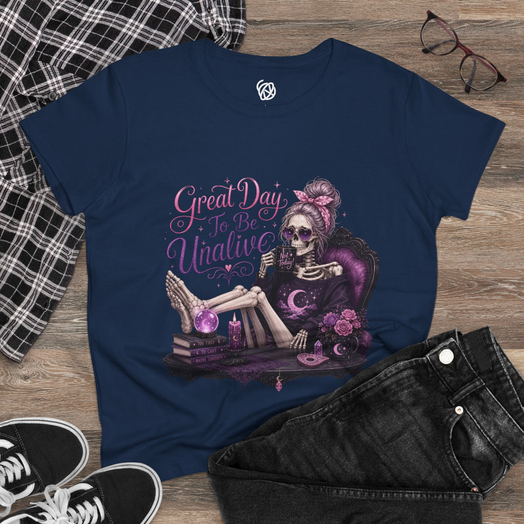 Vintage Gothic Tee — "Great Day To Be Unalive" Skeleton Lounge Shirt