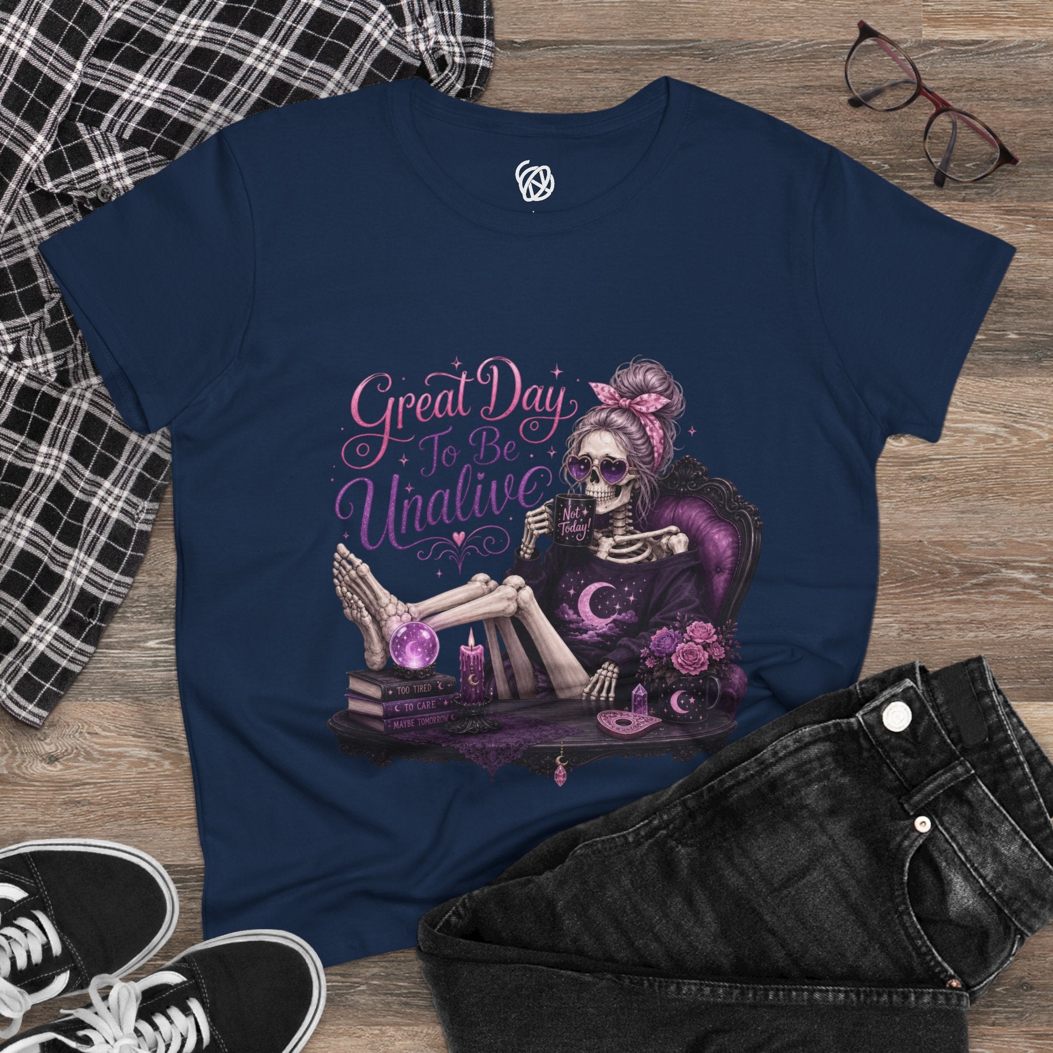 Vintage Gothic Tee — "Great Day To Be Unalive" Skeleton Lounge Shirt