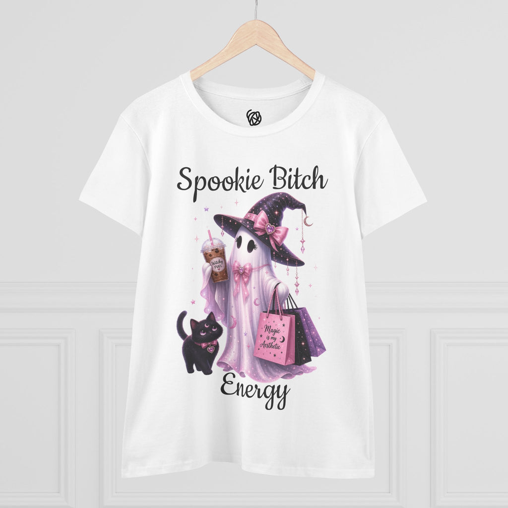 Spooky Bitch Energy Tee — Cute Witch Ghost Halloween T‑Shirt for Women