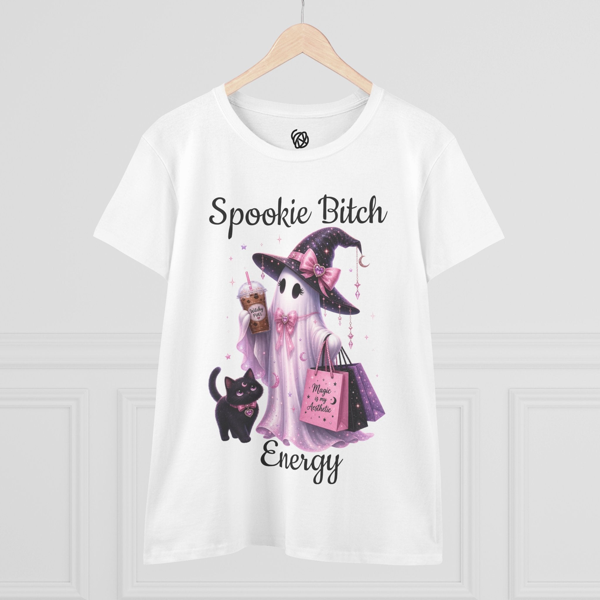 Spooky Bitch Energy Tee — Cute Witch Ghost Halloween T‑Shirt for Women