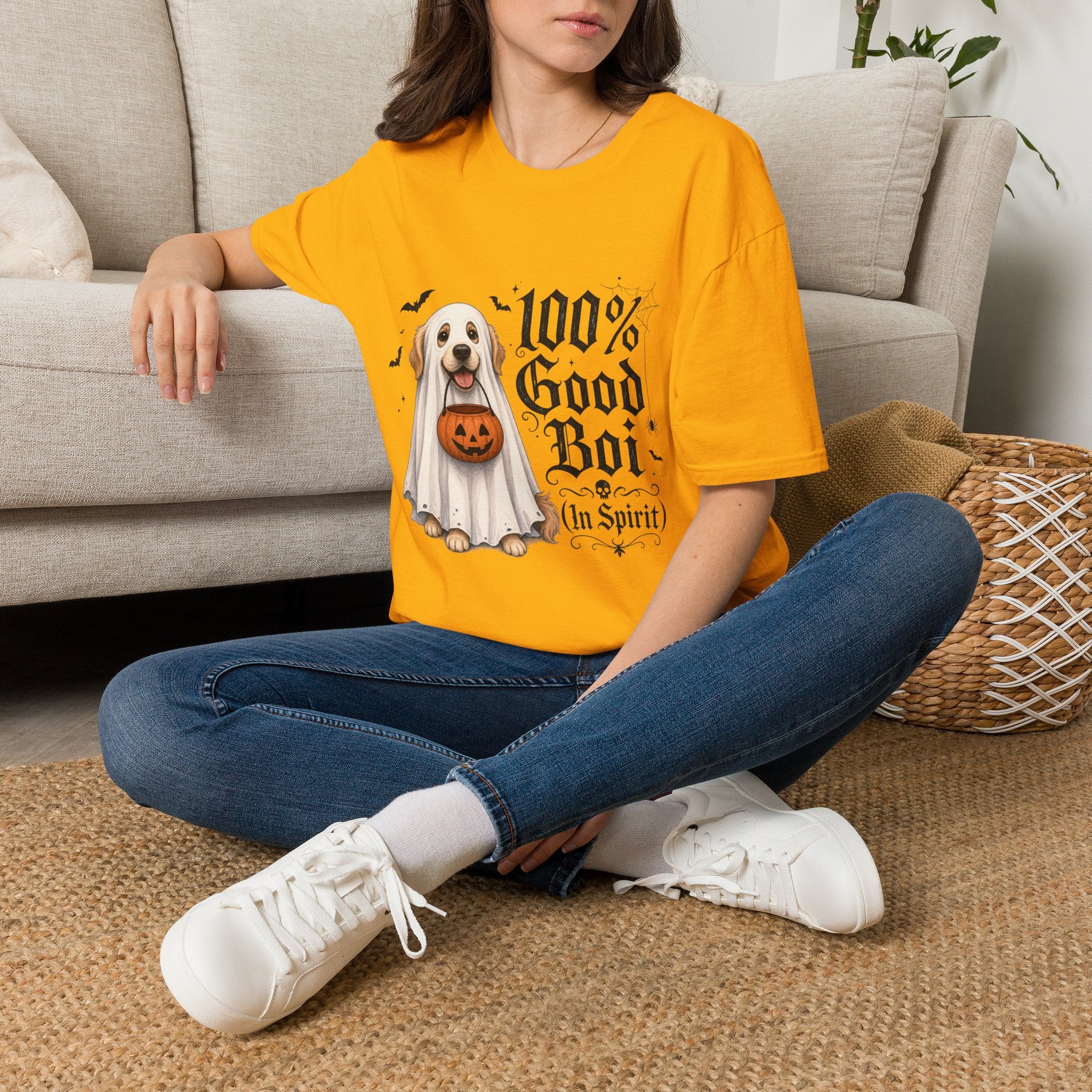Halloween Dog T-Shirt - "100% Good Boi" Ghost Puppy with Pumpkin