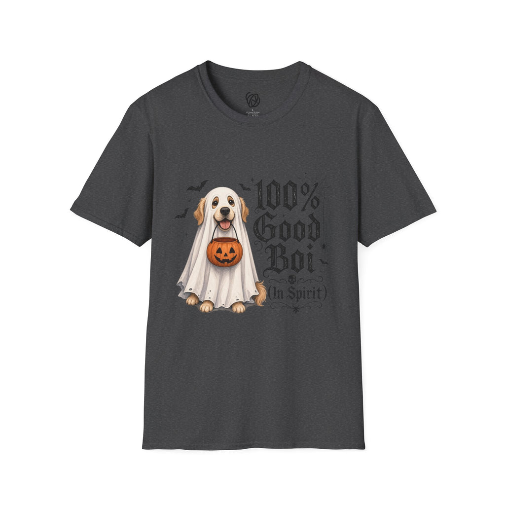 Halloween Dog T-Shirt - "100% Good Boi" Ghost Puppy with Pumpkin