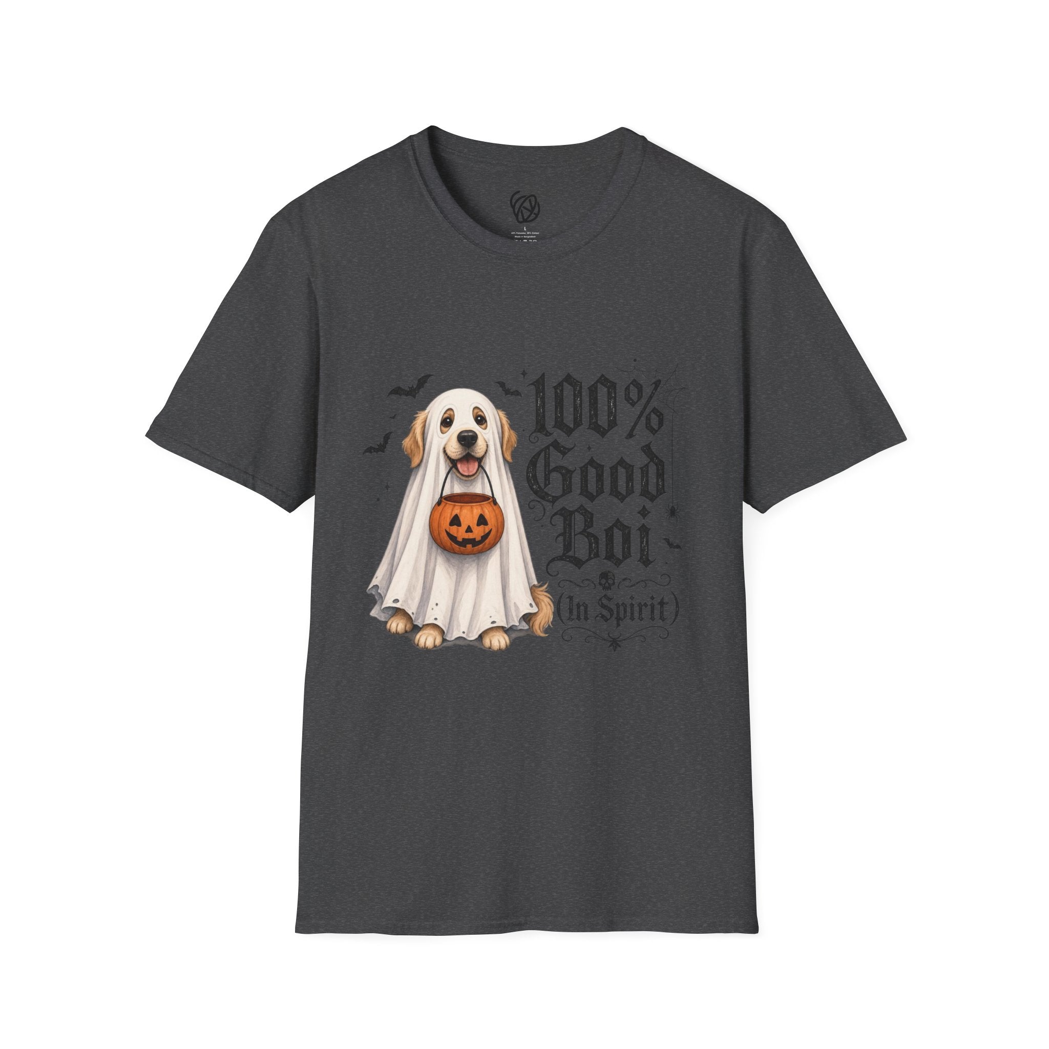 Halloween Dog T-Shirt - "100% Good Boi" Ghost Puppy with Pumpkin