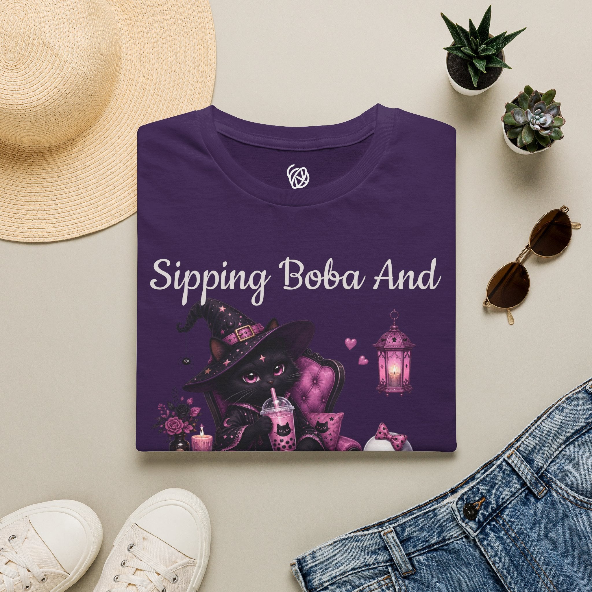 Witch Cat Graphic T-Shirt — Cute Halloween Cat with Lantern & Pumpkin