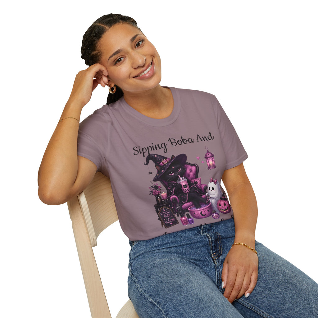 Witch Cat Graphic T-Shirt — Cute Halloween Cat with Lantern & Pumpkin