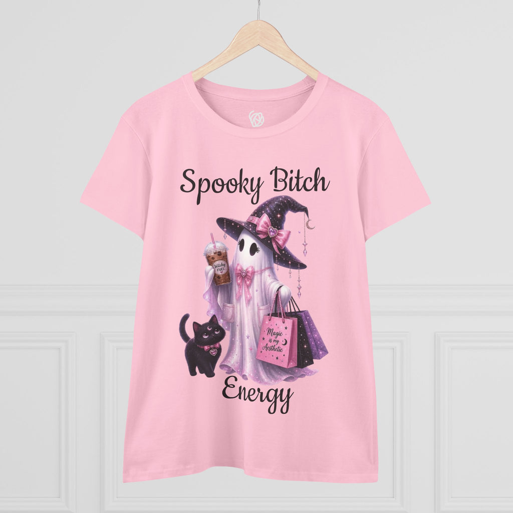 Spooky Bitch Energy Tee — Cute Witch Ghost Halloween T‑Shirt for Women