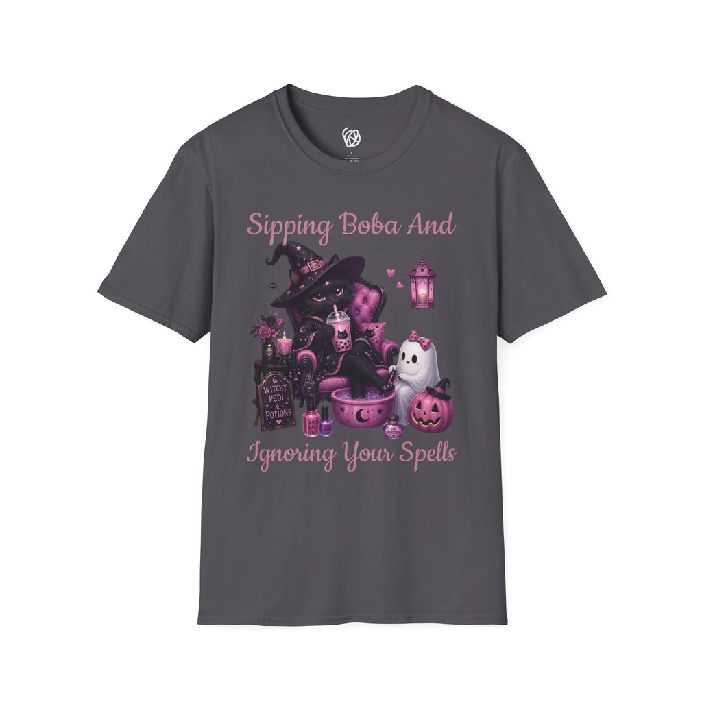 Witch Cat Graphic T-Shirt — Cute Halloween Cat with Lantern & Pumpkin