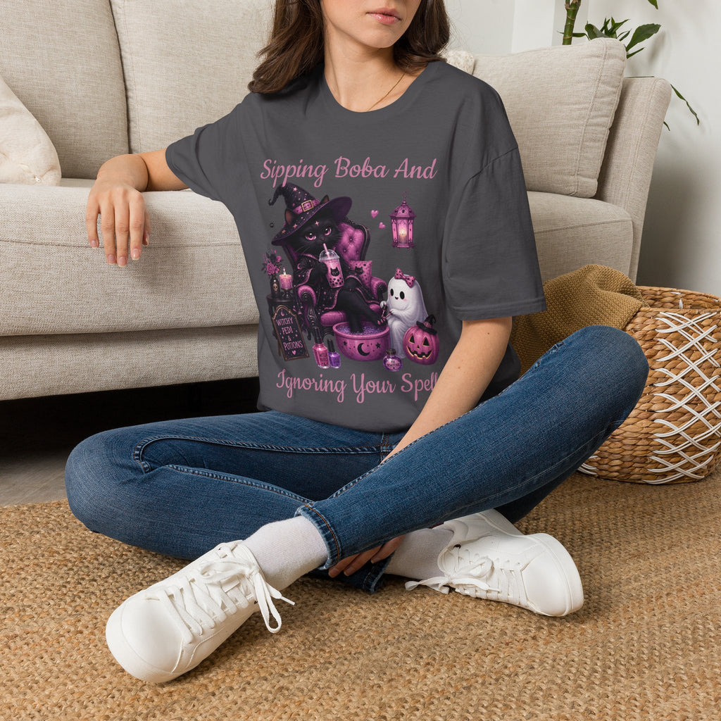 Witch Cat Graphic T-Shirt — Cute Halloween Cat with Lantern & Pumpkin