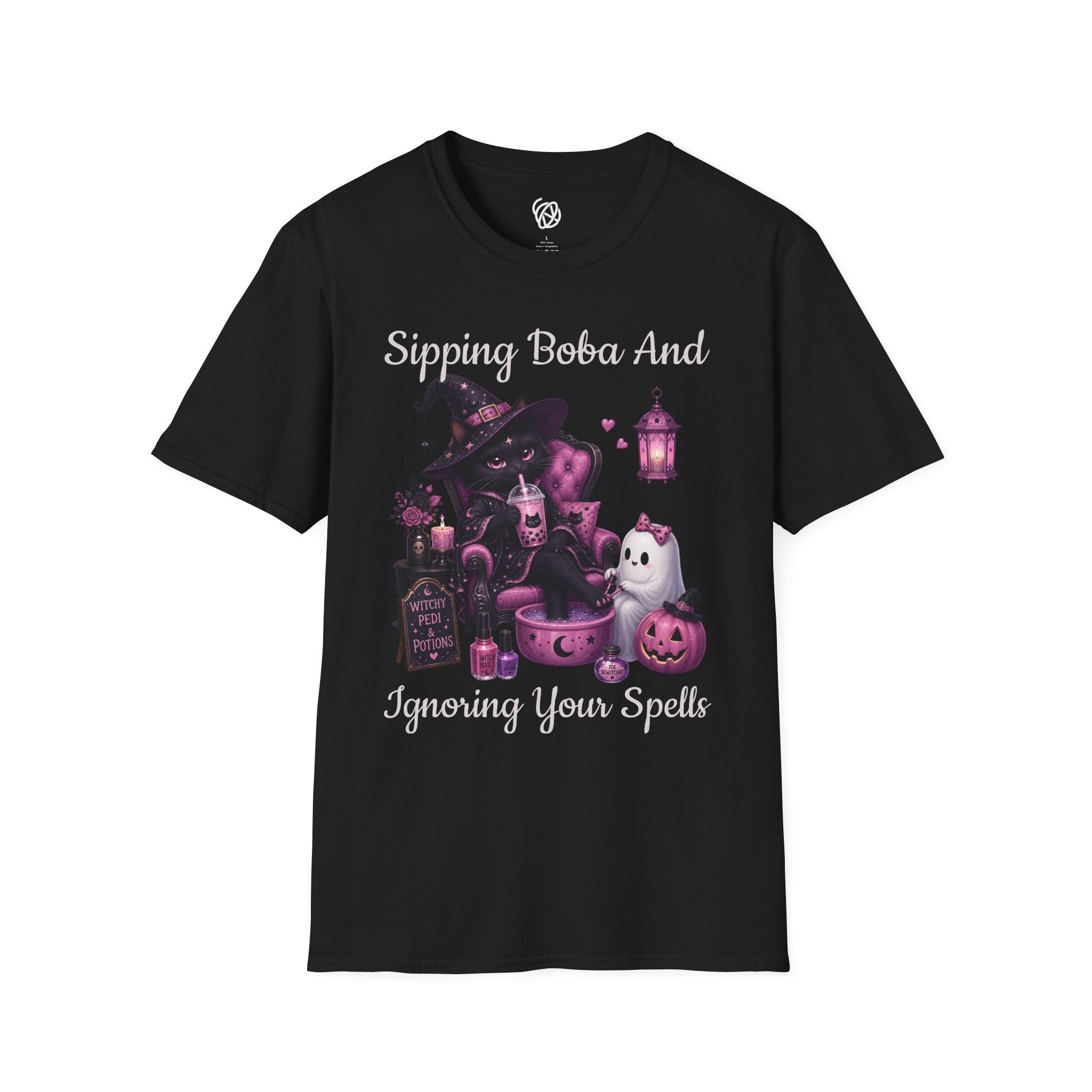 Witch Cat Graphic T-Shirt — Cute Halloween Cat with Lantern & Pumpkin