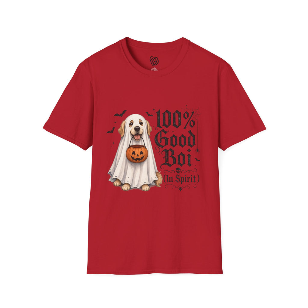 Halloween Dog T-Shirt - "100% Good Boi" Ghost Puppy with Pumpkin