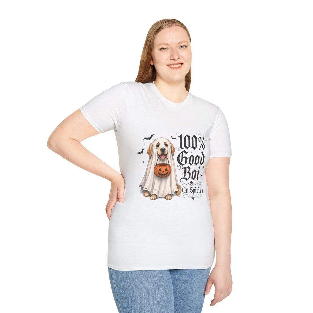 Halloween Dog T-Shirt - "100% Good Boi" Ghost Puppy with Pumpkin