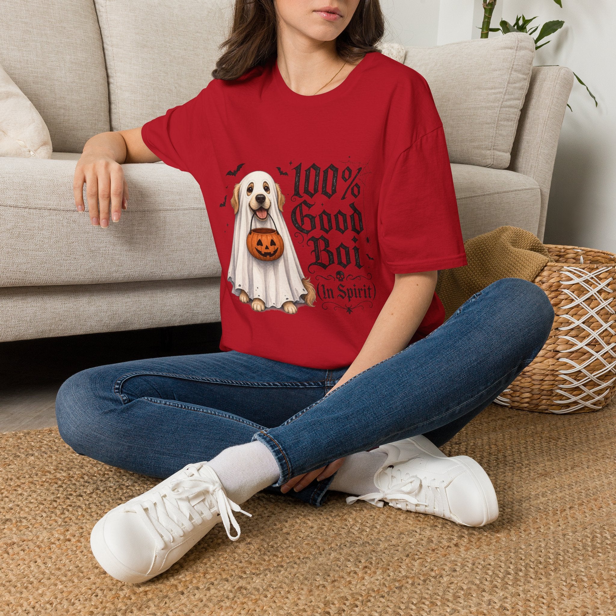 Halloween Dog T-Shirt - "100% Good Boi" Ghost Puppy with Pumpkin