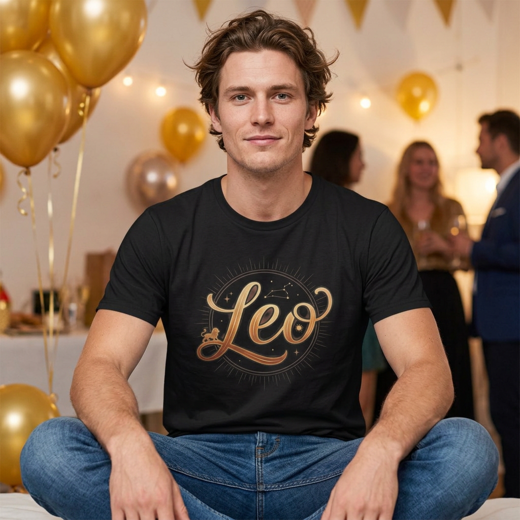 Leo Zodiac T-Shirt — Gold Script Astrology Tee for Leo Season