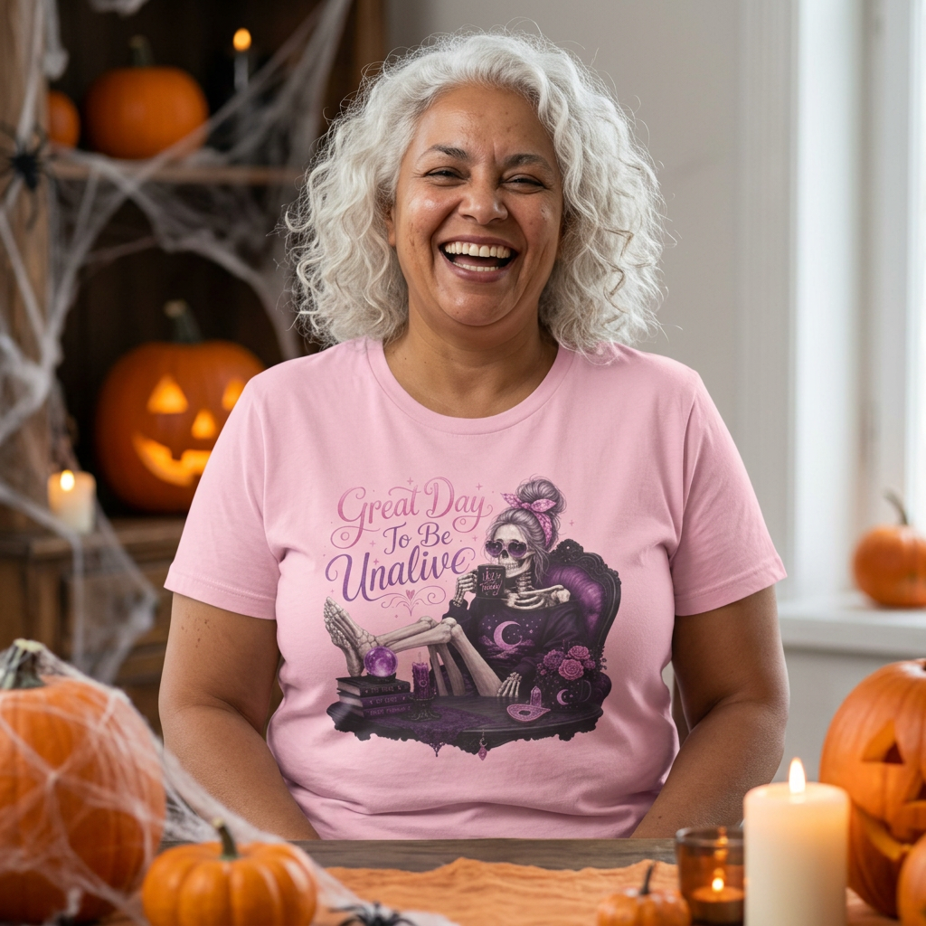 Vintage Gothic Tee — "Great Day To Be Unalive" Skeleton Lounge Shirt
