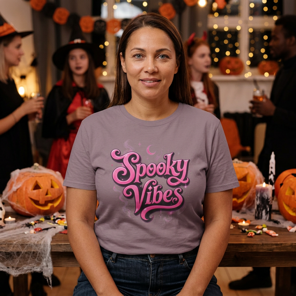 Spooky Vibes T-Shirt — Pink Retro Halloween Graphic Tee