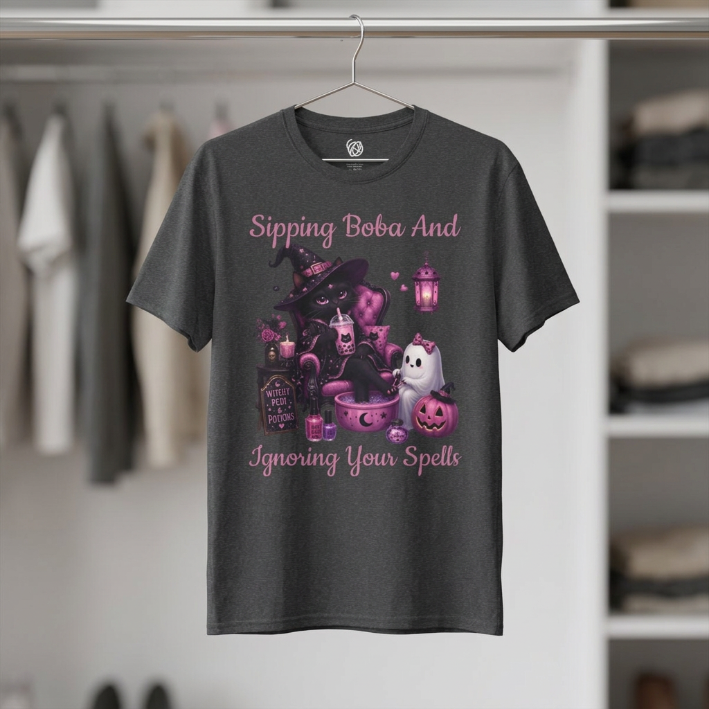 Witch Cat Graphic T-Shirt — Cute Halloween Cat with Lantern & Pumpkin