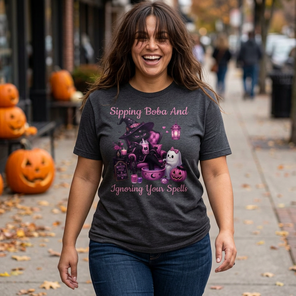 Witch Cat Graphic T-Shirt — Cute Halloween Cat with Lantern & Pumpkin