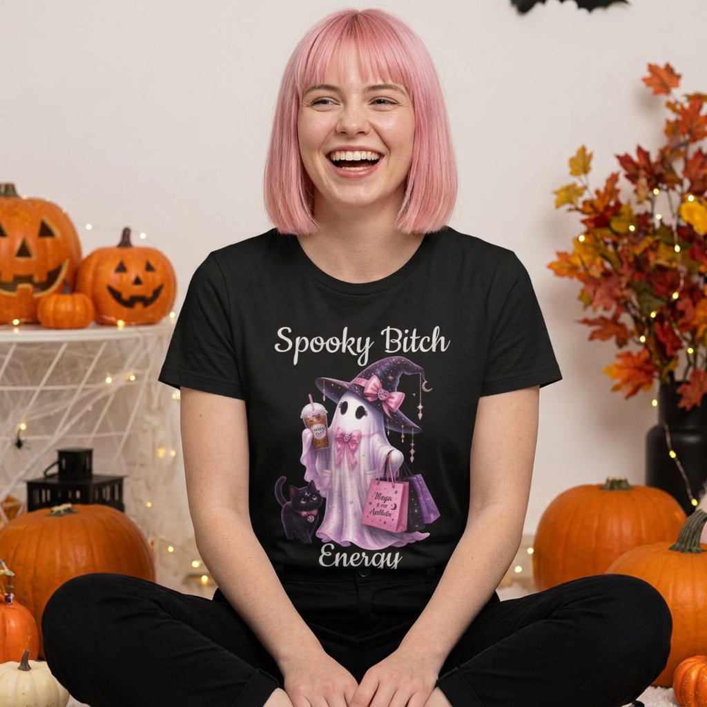 Spooky Bitch Energy Tee — Cute Witch Ghost Halloween T‑Shirt for Women