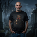 Horror Zombie Coffee T-Shirt — Red-Eyed Skull Drinking Coffee Graphic Tee