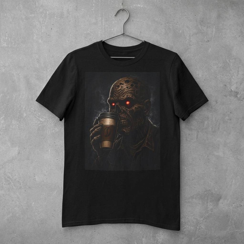 Horror Zombie Coffee T-Shirt — Red-Eyed Skull Drinking Coffee Graphic Tee