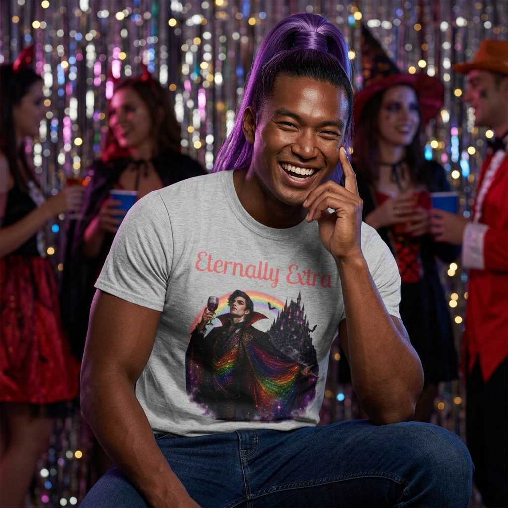Eternally Extra T-Shirt — Gothic Rainbow Vampire Graphic Tee