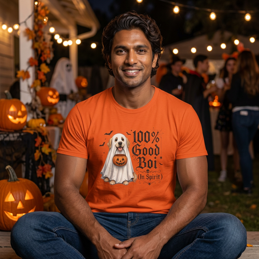 Halloween Dog T-Shirt - "100% Good Boi" Ghost Puppy with Pumpkin