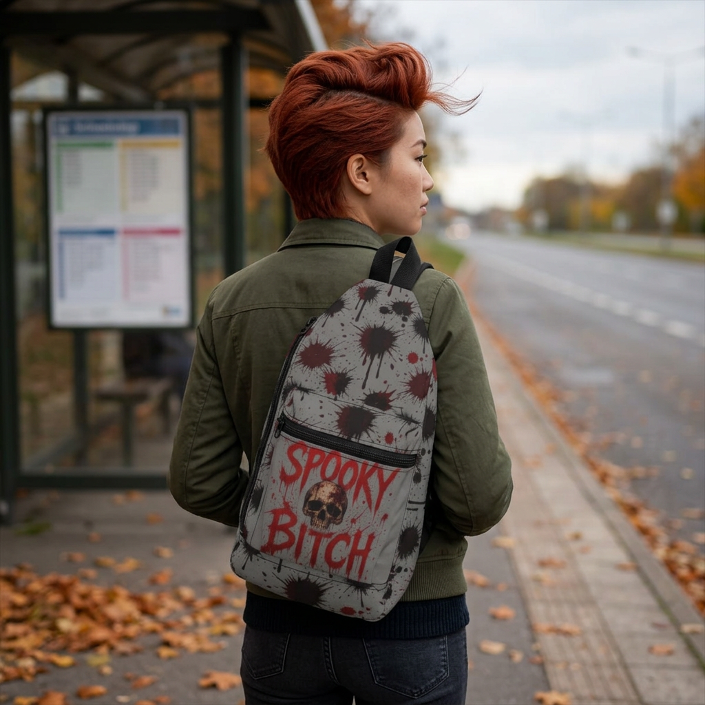 Spooky Bitch Sling Bag — Halloween Skull & Blood Splatter Crossbody Bag