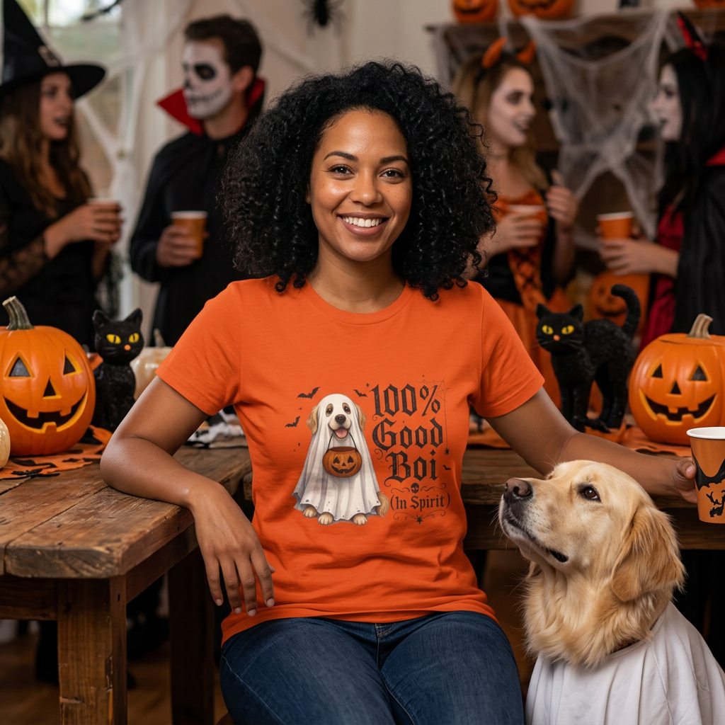 Halloween Dog T-Shirt — "100% Good Boi" Ghost Puppy & Pumpkin Tee for Dog Moms