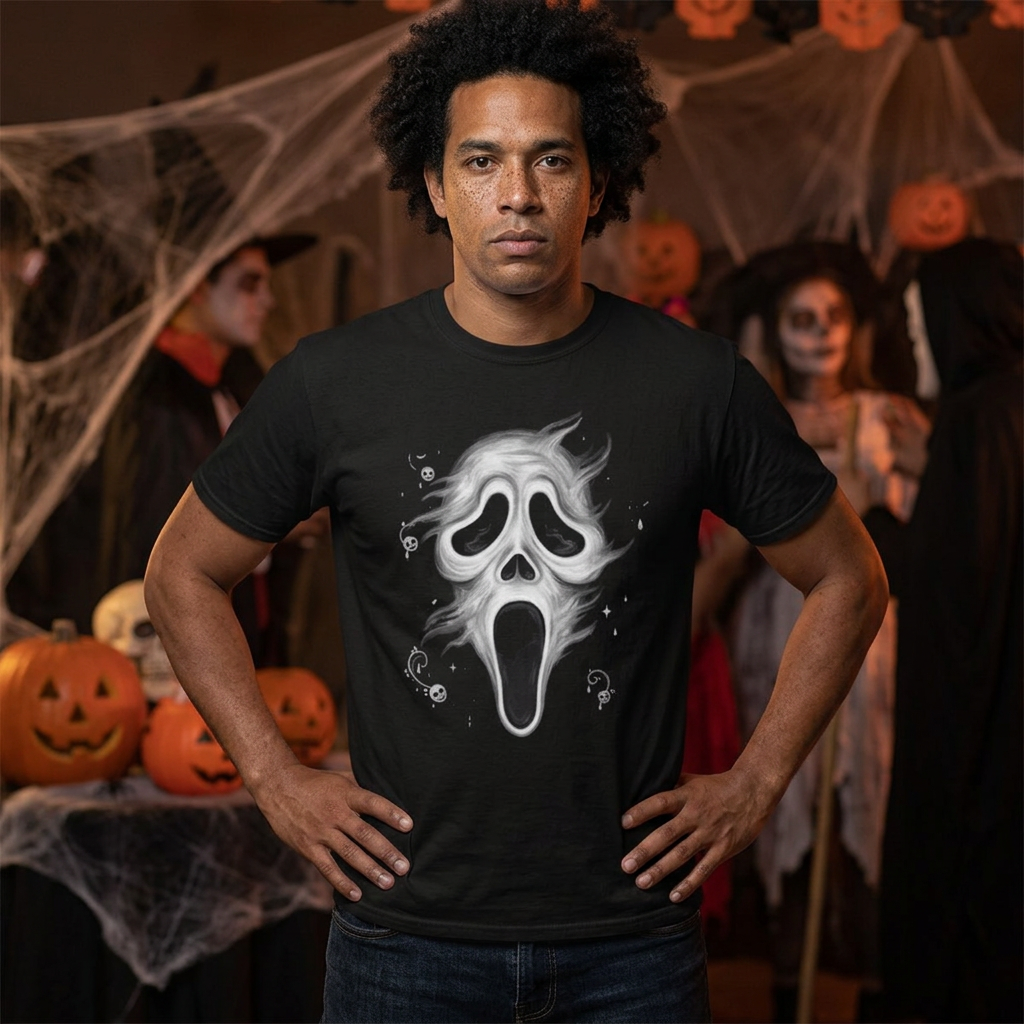 Ghostface Smoke Skull T-Shirt — Spooky Scream Horror Tee for Halloween