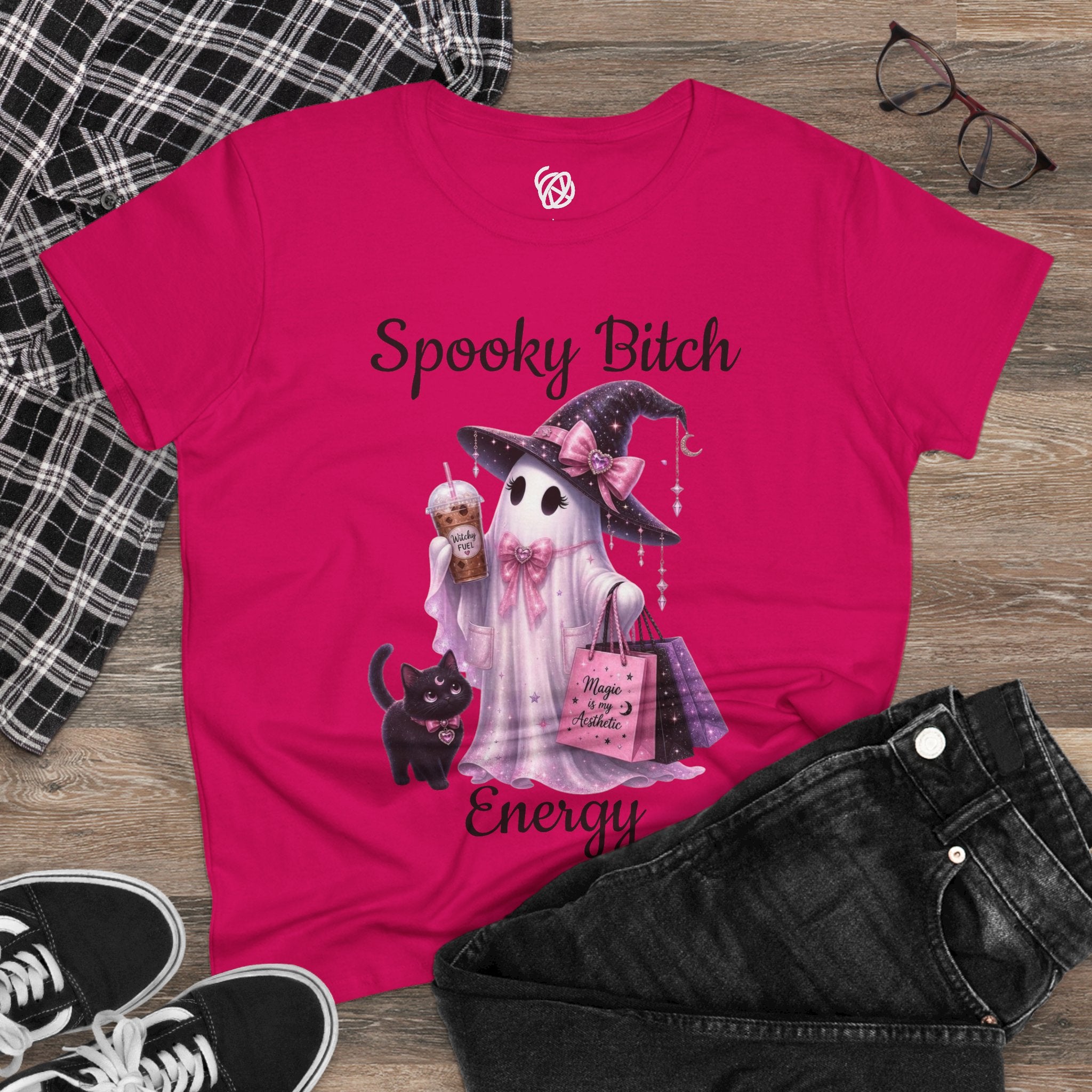Spooky Bitch Energy Tee — Cute Witch Ghost Halloween T‑Shirt for Women