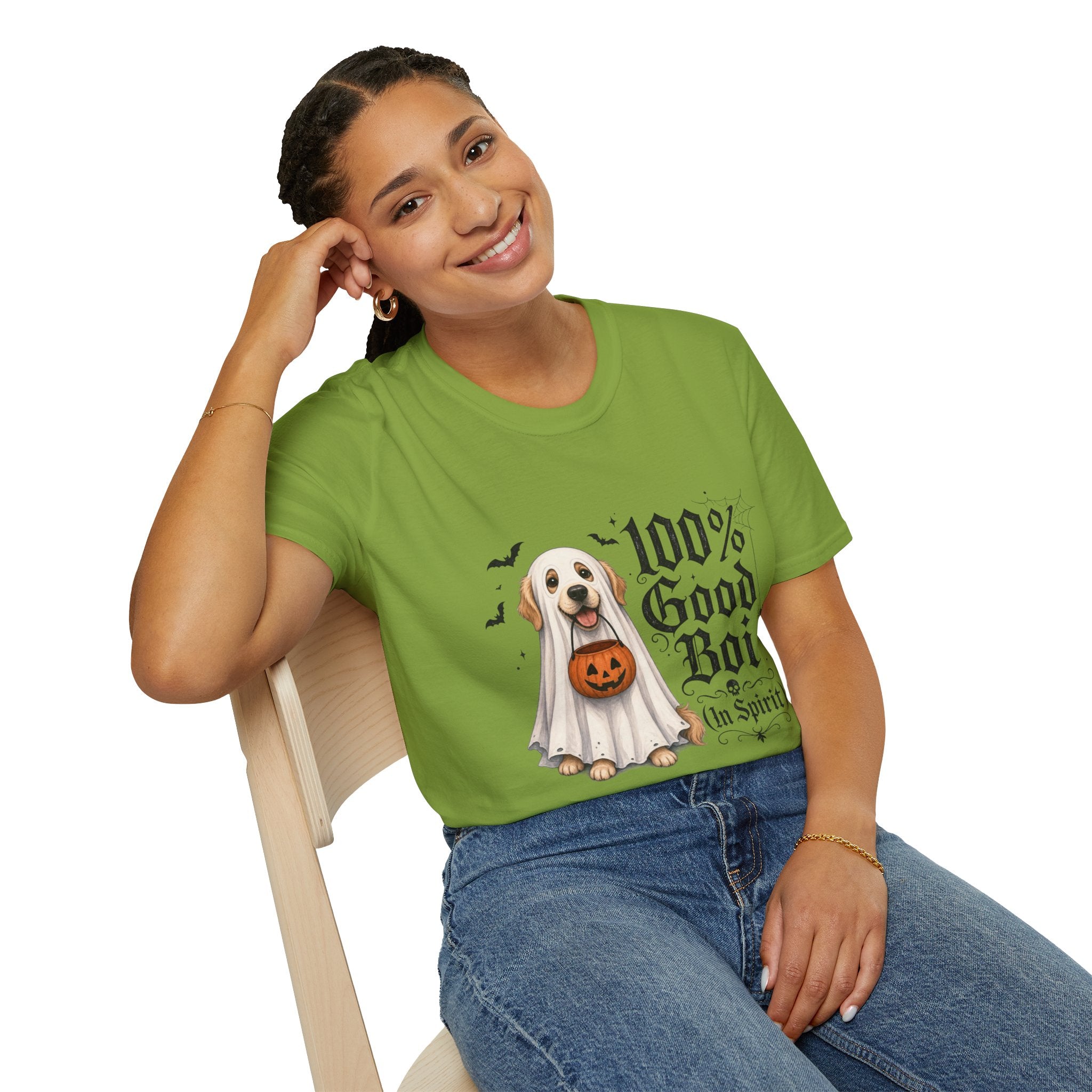 Halloween Dog T-Shirt - "100% Good Boi" Ghost Puppy with Pumpkin