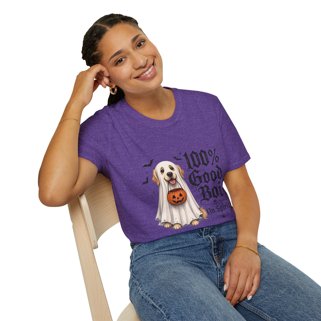Halloween Dog T-Shirt - "100% Good Boi" Ghost Puppy with Pumpkin
