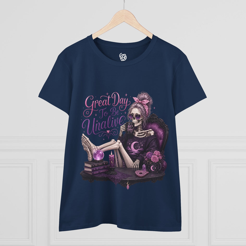Vintage Gothic Tee — "Great Day To Be Unalive" Skeleton Lounge Shirt