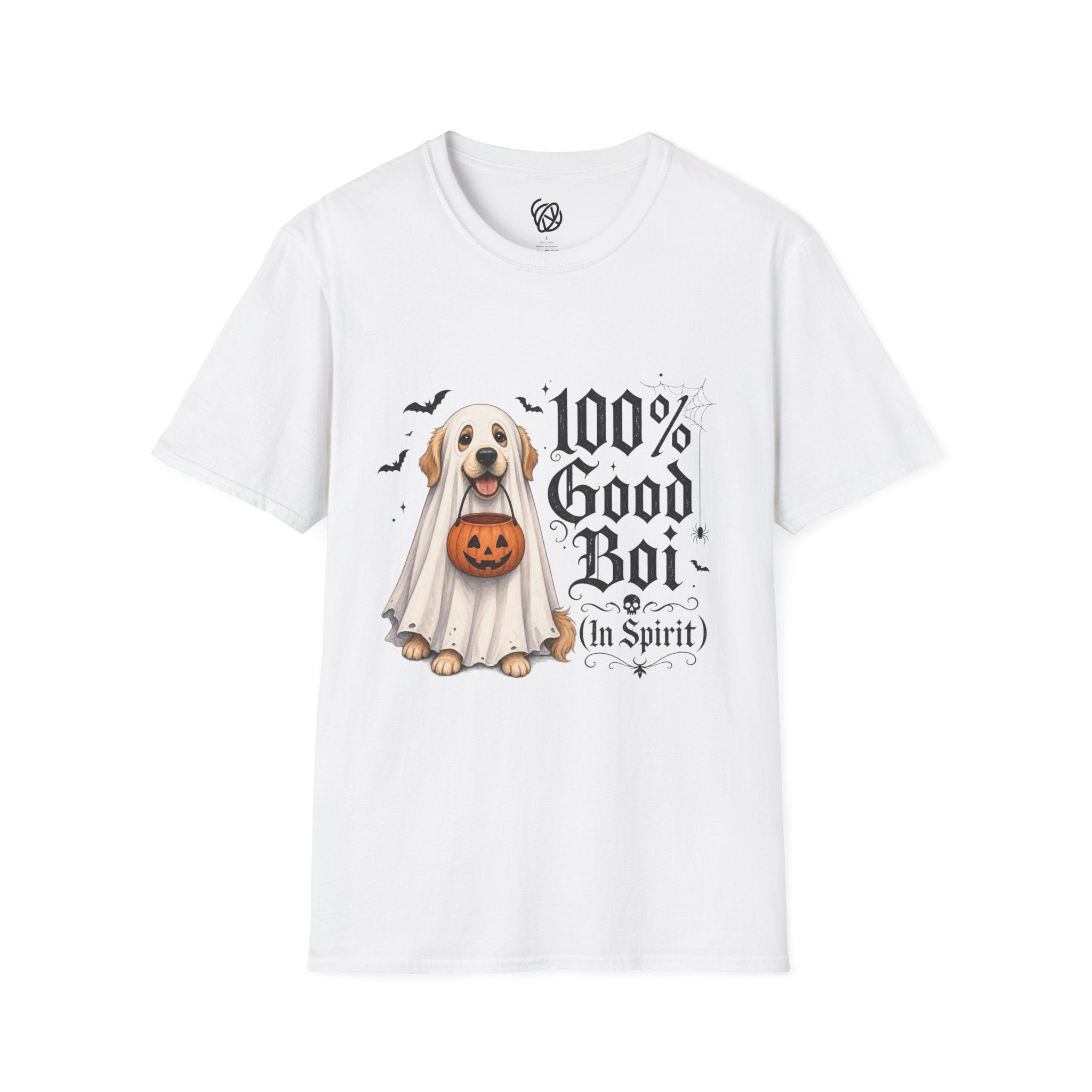Halloween Dog T-Shirt - "100% Good Boi" Ghost Puppy with Pumpkin