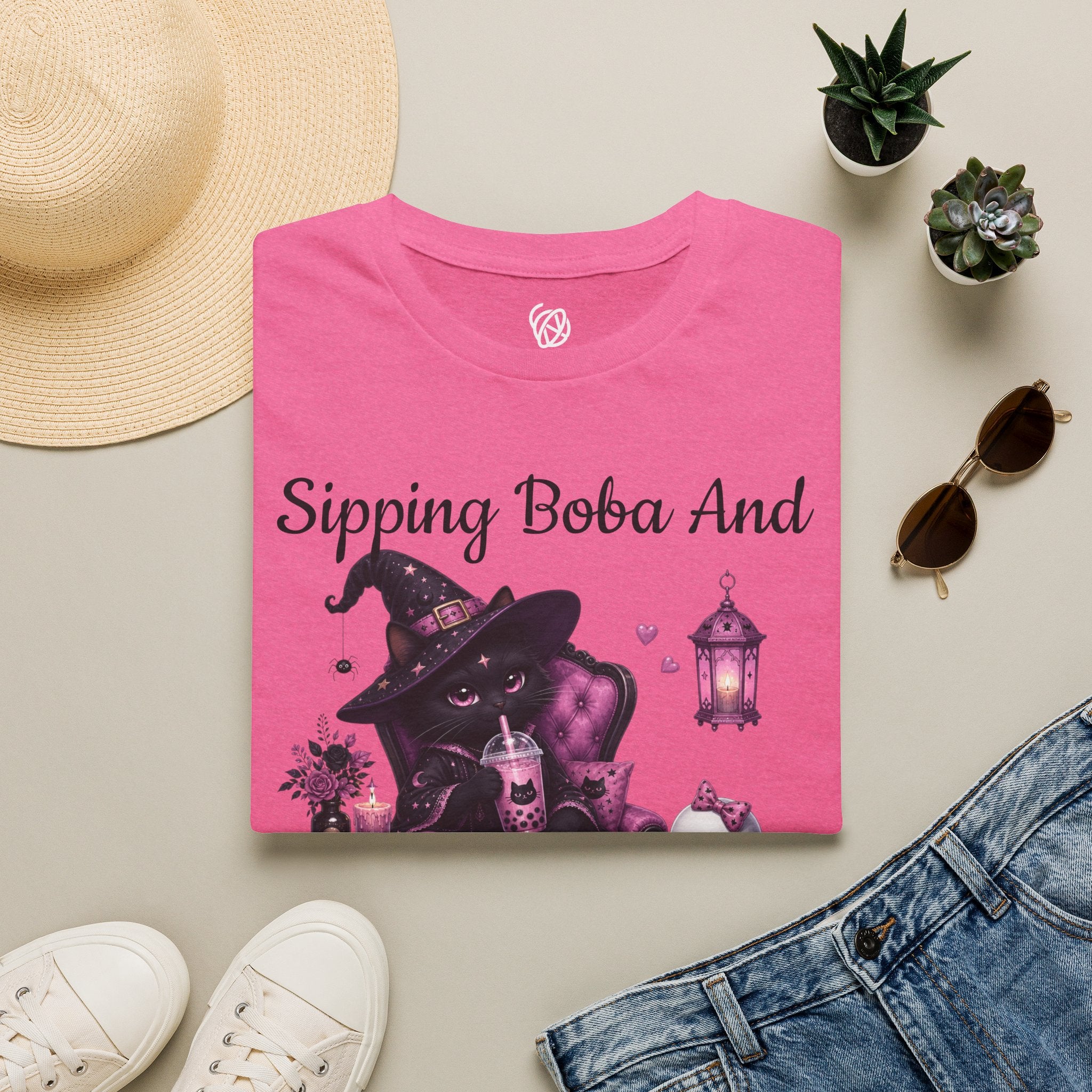 Witch Cat Graphic T-Shirt — Cute Halloween Cat with Lantern & Pumpkin