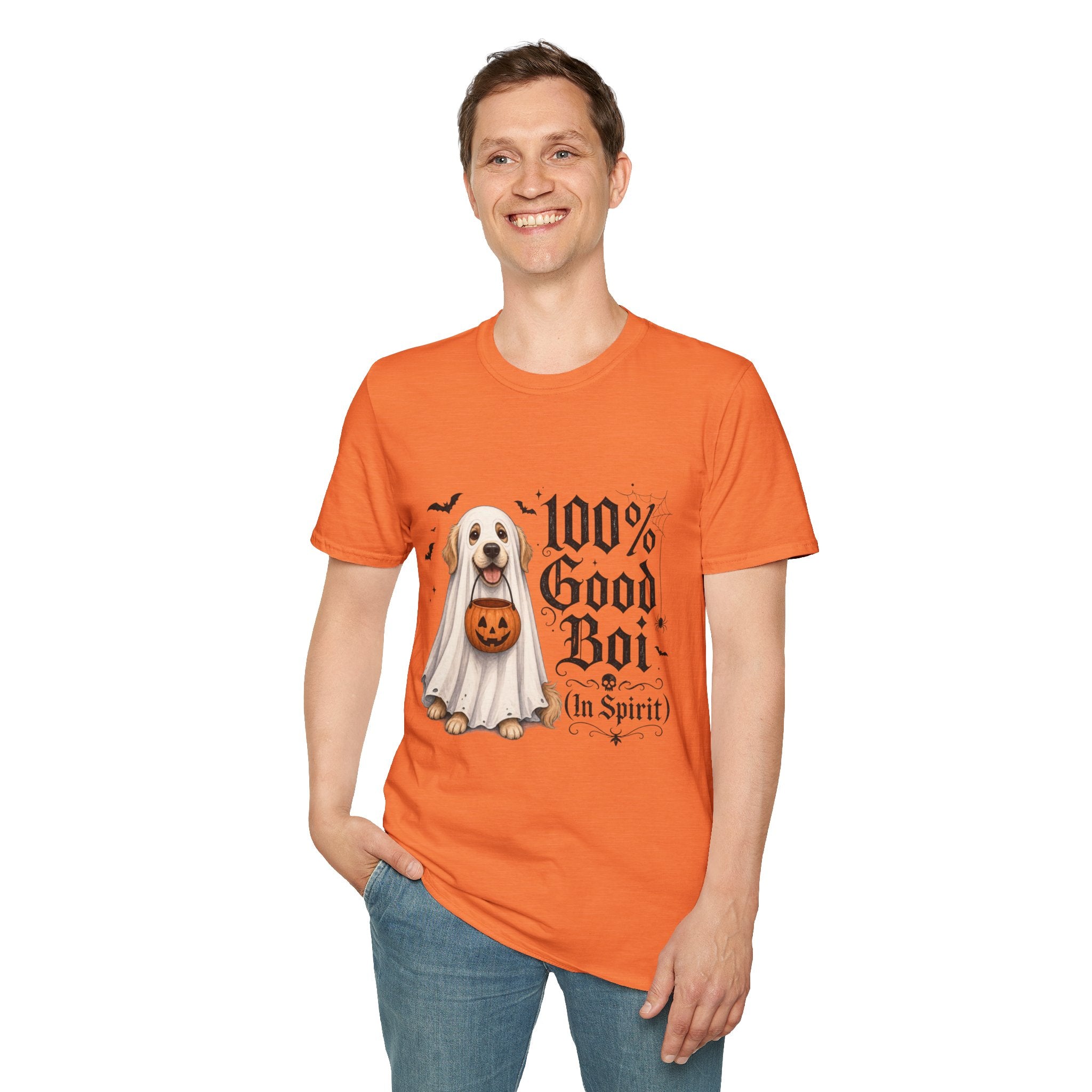 Halloween Dog T-Shirt - "100% Good Boi" Ghost Puppy with Pumpkin