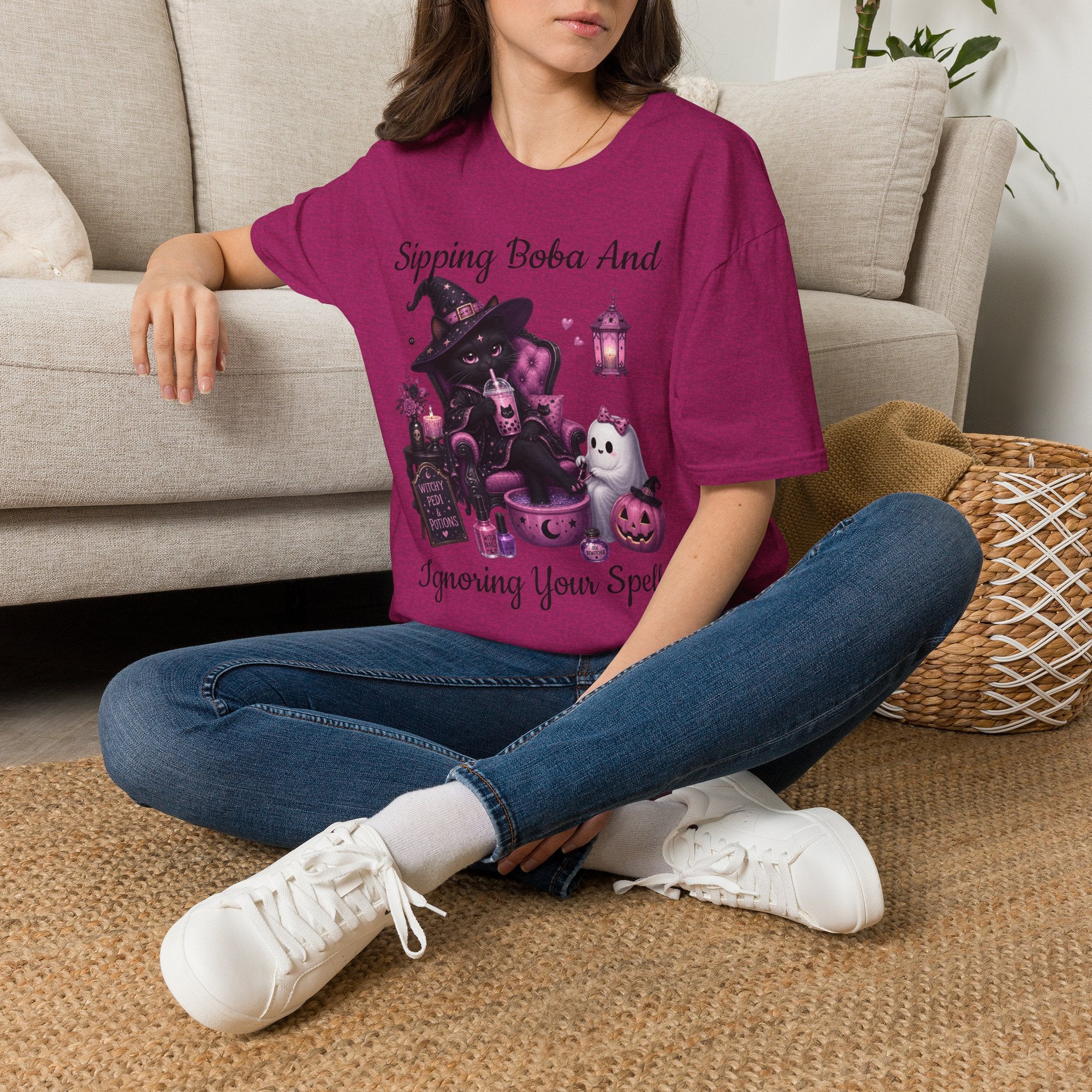 Witch Cat Graphic T-Shirt — Cute Halloween Cat with Lantern & Pumpkin
