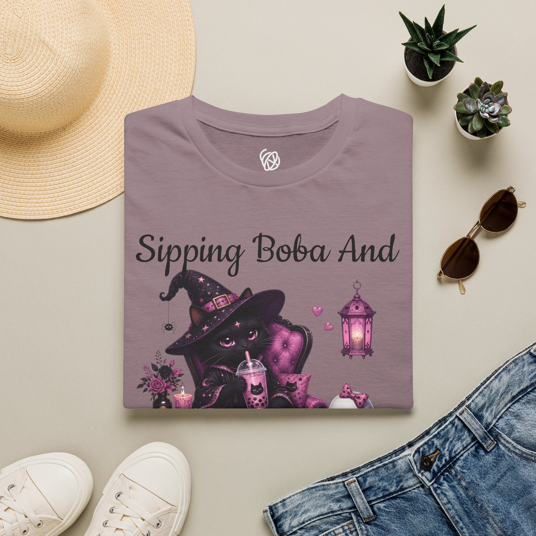Witch Cat Graphic T-Shirt — Cute Halloween Cat with Lantern & Pumpkin