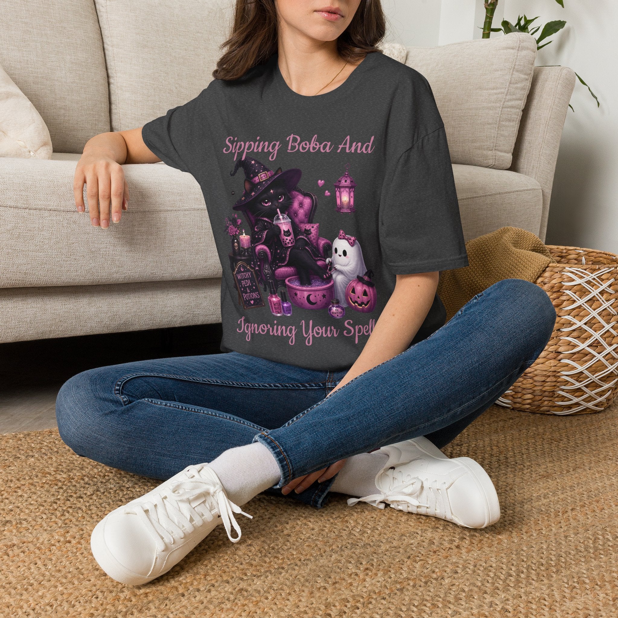 Witch Cat Graphic T-Shirt — Cute Halloween Cat with Lantern & Pumpkin