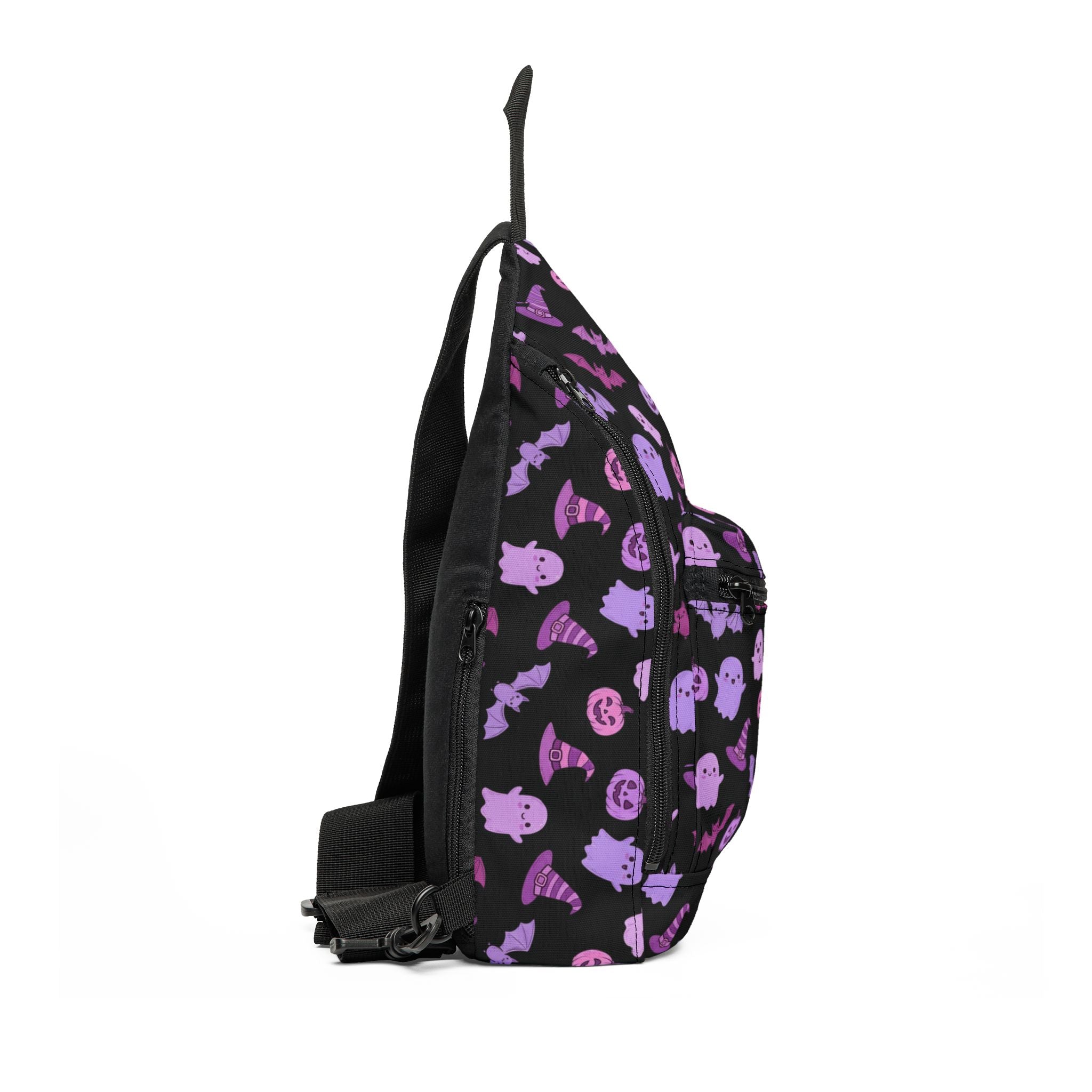 Purple Halloween Sling Bag — Cute Pumpkin & Bat Crossbody Bag for Halloween