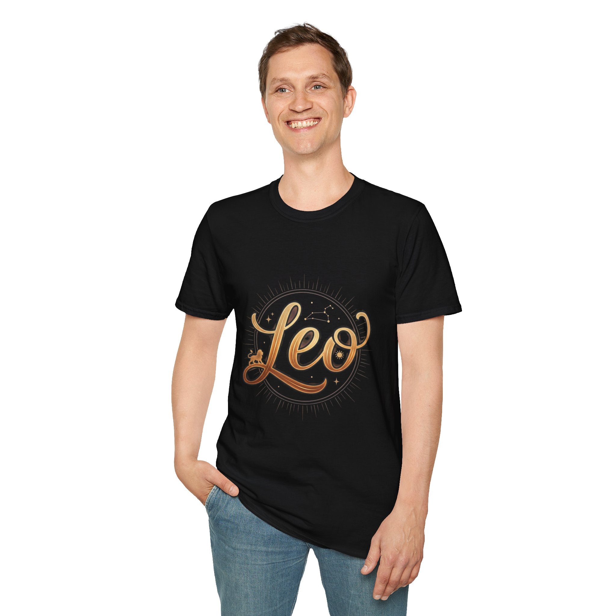 Leo Zodiac T-Shirt — Gold Script Astrology Tee for Leo Season