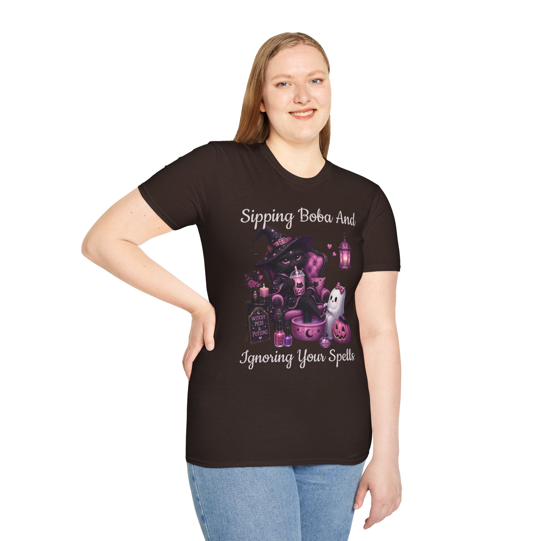 Witch Cat Graphic T-Shirt — Cute Halloween Cat with Lantern & Pumpkin