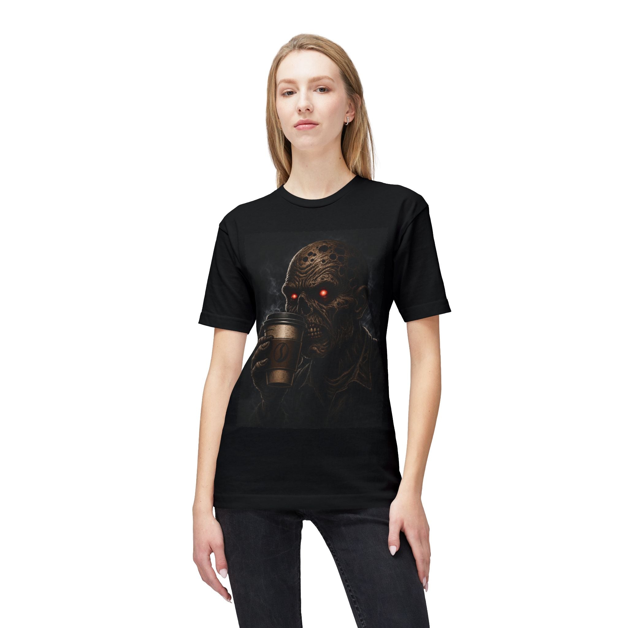 Horror Zombie Coffee T-Shirt — Red-Eyed Skull Drinking Coffee Graphic Tee