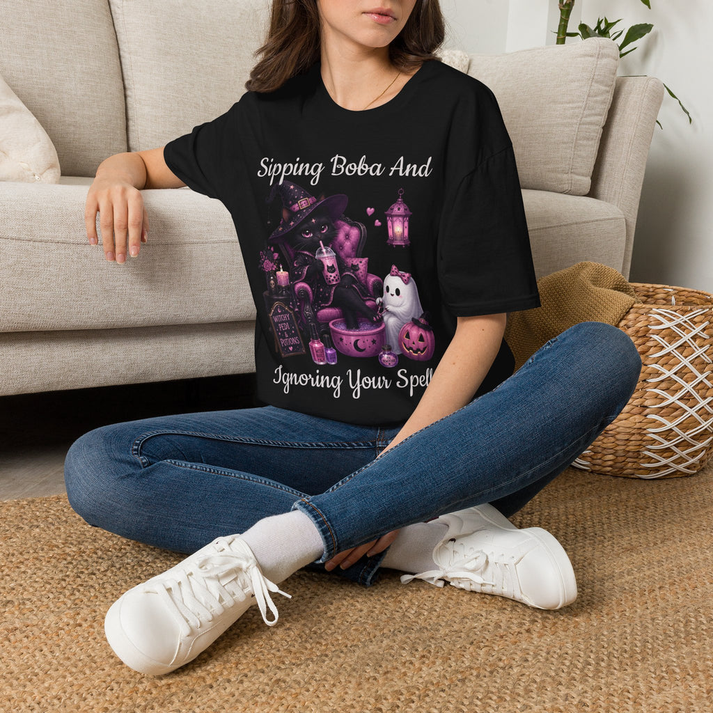 Witch Cat Graphic T-Shirt — Cute Halloween Cat with Lantern & Pumpkin