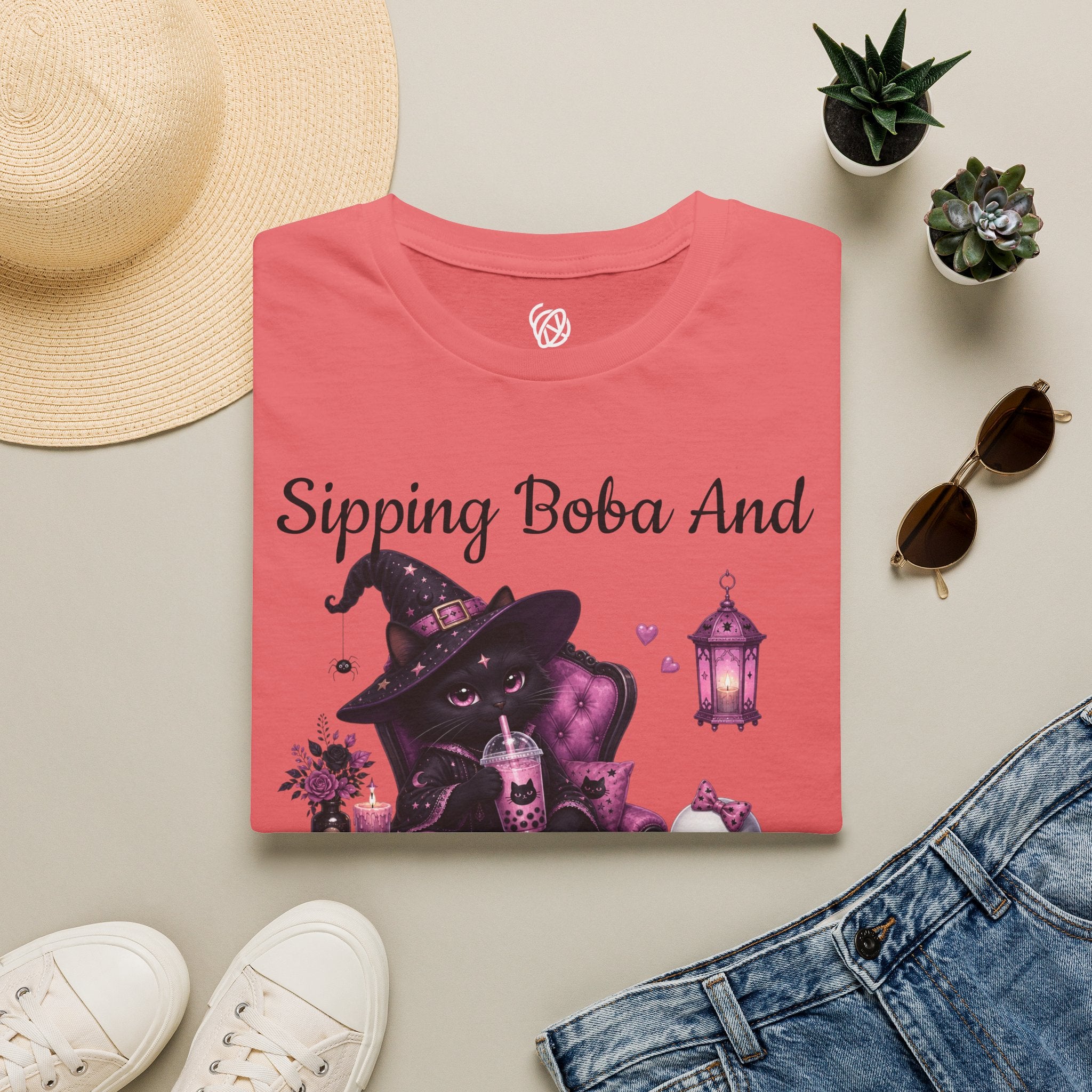 Witch Cat Graphic T-Shirt — Cute Halloween Cat with Lantern & Pumpkin